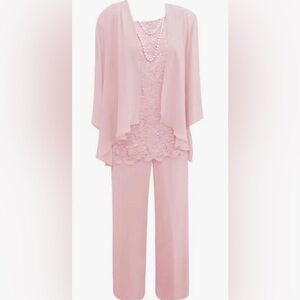 Plus Size Chiffon Mother Pant Suit.Baby Pink Formal Pantsuit with Beaded Jacket.